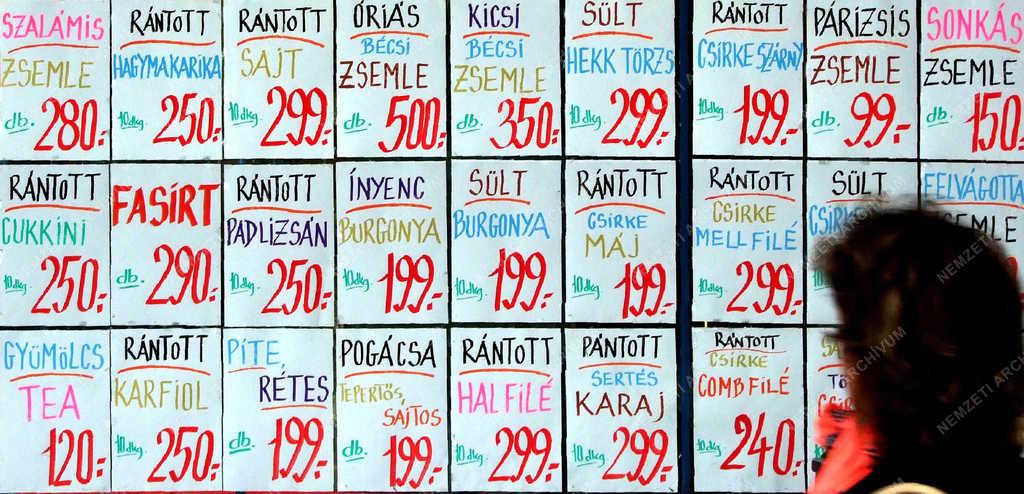 Kereskedelem - Budapest - A gyorsbüfé kínálata árakkal