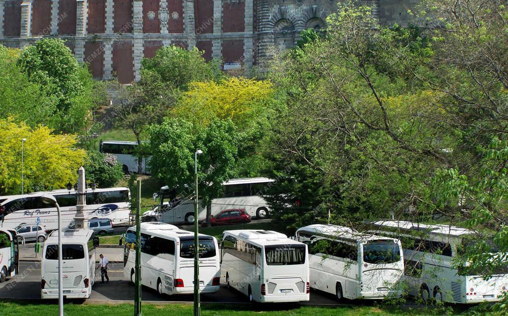 Idegenforgalom - Budapest - Külföldi turisták autóbuszai a Vár alatt