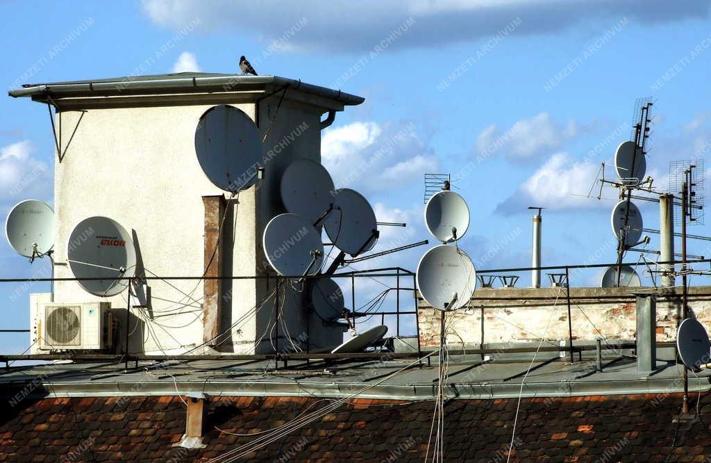 Távközlés - Parabola antennák egy háztetőn