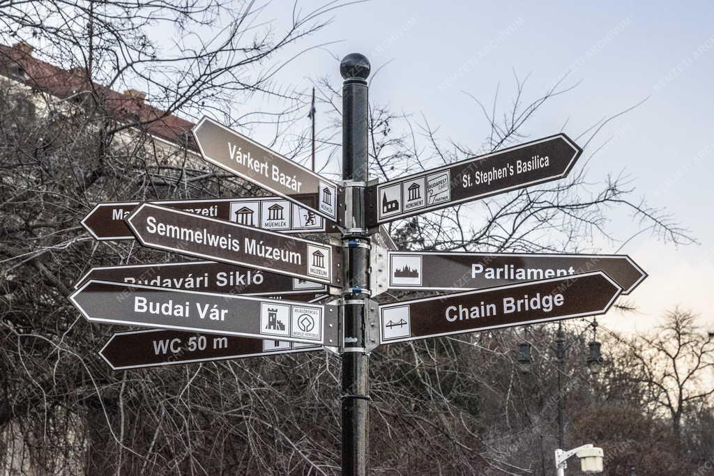 Városkép - Budapest - Jelzőtáblák turistáknak a Clark Ádám téren