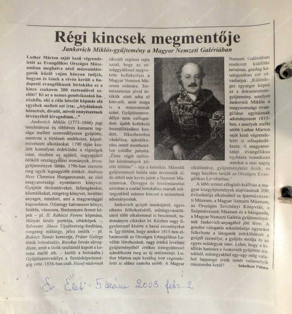 Tárgy - Újságcikk Jankovich Miklós műgyűjtőről