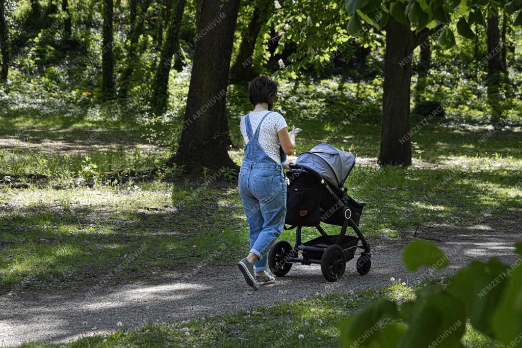 Szabadidő - Babakocsit toló nő a Népligetben