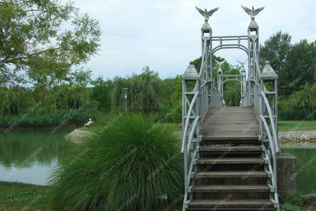 Városkép - Pétfürdő - Az Ifjúsági-tó és hídja a pihenőparkban