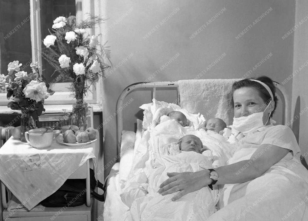 40-50: Hármasikrek Újpesten. Az Újpesti Kórház Szülészeti Osztályán hármasikreknek adott életet Nedoba Miklósné bérelszámoló