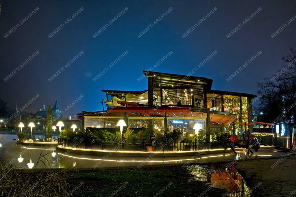 Épület - Budapest - A Robinson Étterem esti kivilágításban
