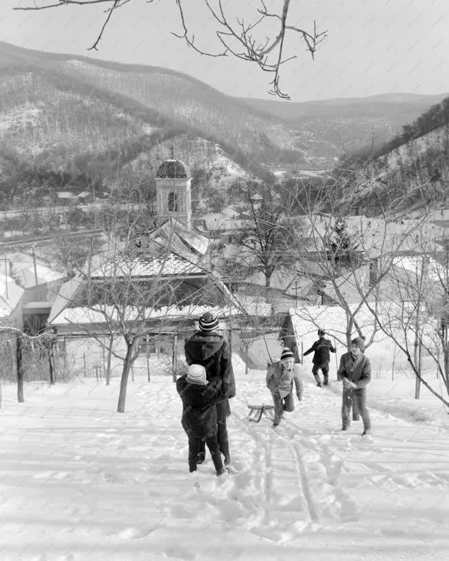 Életkép - Szarvaskői gyerekek szánkóval