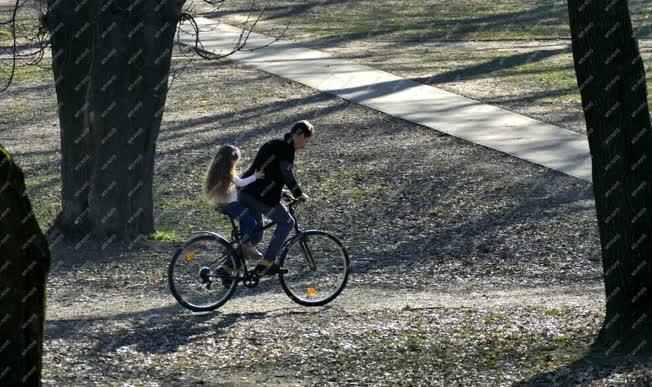 Életkép - Gyerekét kerékpáron szállító apa a Városmajorban