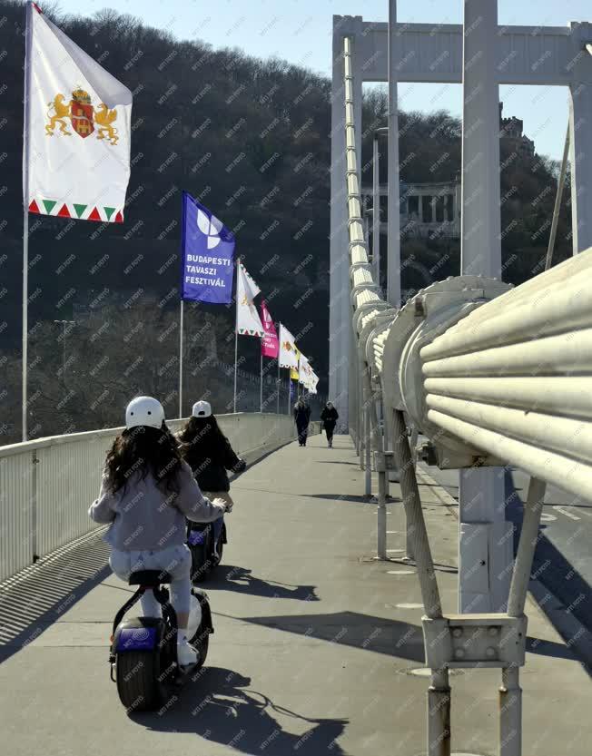 Kultura - Városkép - A Budapesti Tavaszi Fesztivál zászlói az Erzsébet hídon