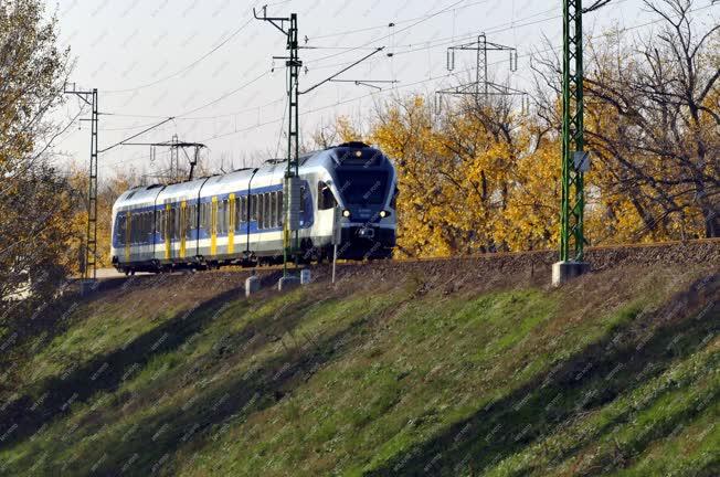 Közlekedés - Budapest - Modern vonat őszi tájban