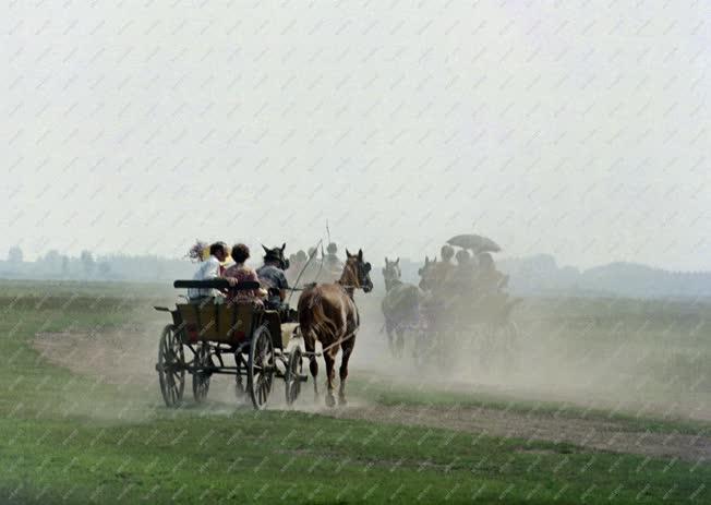 Életkép - Tájegység - Szekerező turisták a Hortobágyon