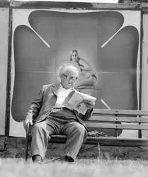 Életkép - Plakát előtt újságot olvasó férfi