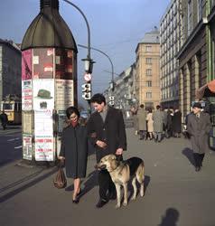 Városkép - Életkép - Budapesti utcán kutyát sétáltató pár
