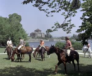 Városkép-életlép - Lovas turisták a tatai tónál 